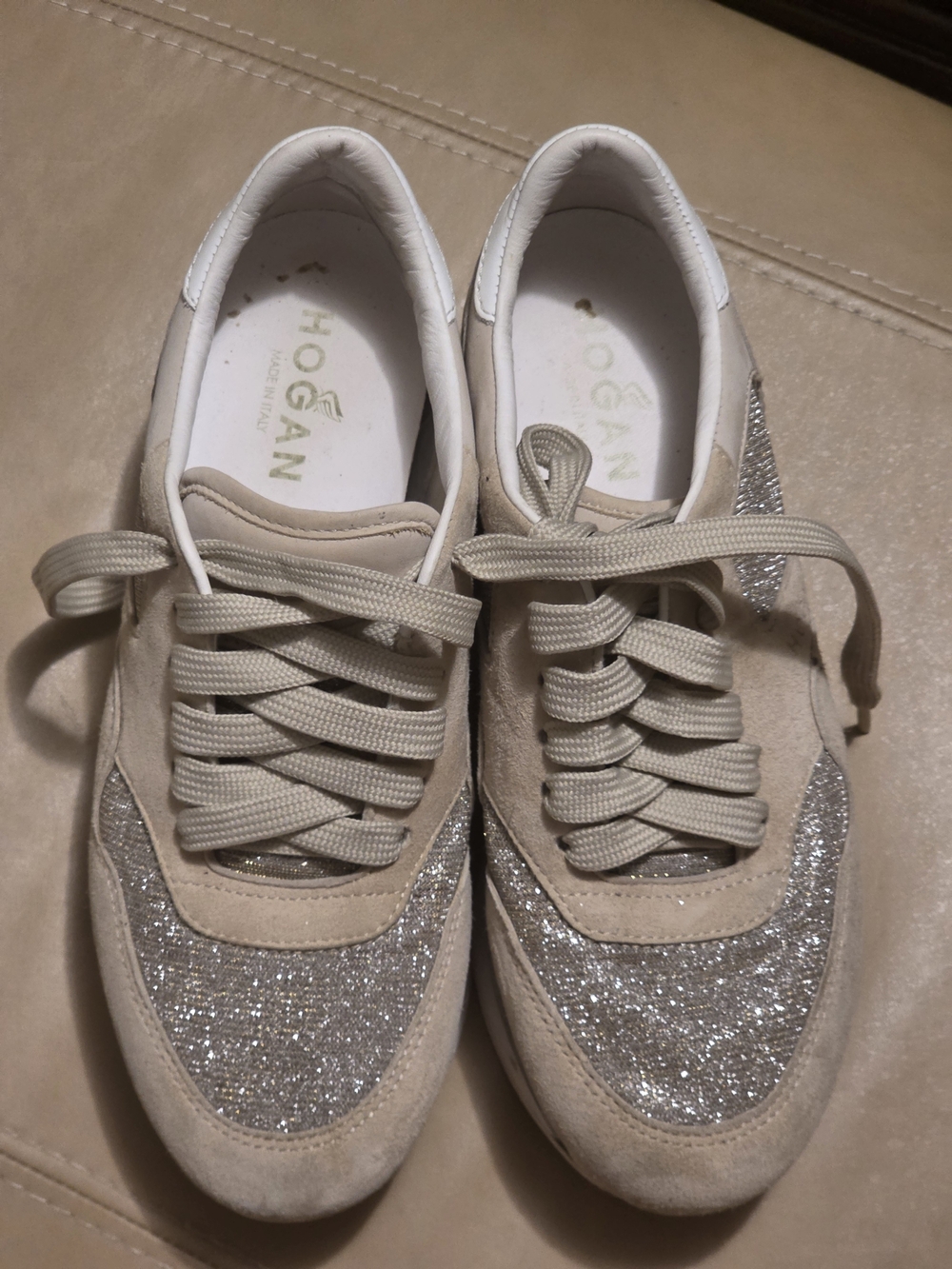 Hogan Women's Beige Glitter Suede Sneakers Made In Italy